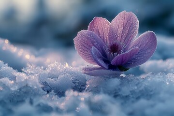 A purple flower contrasts against the white snow on the ground in a winter landscape - Powered by Adobe