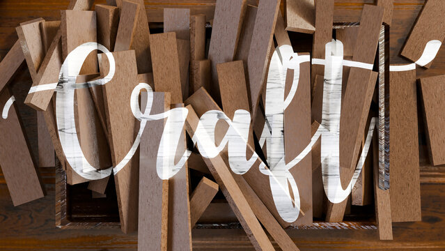 Caft text on wooden background, wood crafting, carpentry shop, Handmade and craft furniture concept, decorate the woodwork, wood boards, wooden workbench, Do it yourself,  3d render