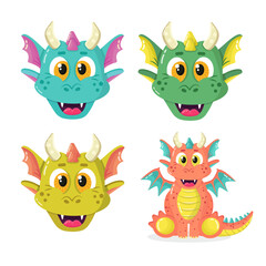 Set of cute kawaii joyful head dragon characters. Happy funny fairytale fantasy face animal. Adorable friendly monster. Vector illustration isolated on white background