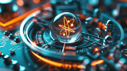 High-tech concept with a glowing atom symbol inside sphere on futuristic circuit board - obrazy, fototapety, plakaty