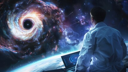 A person in a lab coat observes vivid galaxy with swirling black hole from futuristic workstation - obrazy, fototapety, plakaty