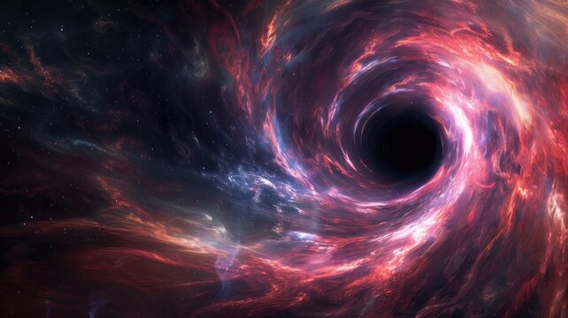 A digitally created space scene featuring a vibrant, swirling black hole surrounded by colorful cosmic gases