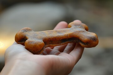 A person holding a dog bone in their hand