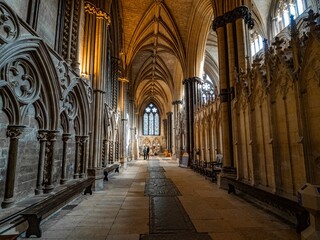 Lincoln Cathedral, Roman Catholic Gothic church and cathedral with stain glass window corridor and...