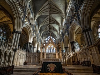 Lincoln Cathedral, Roman Catholic Gothic church and cathedral with stain glass window corridor and...