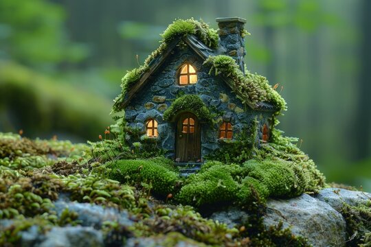 A small house with moss covering its roof, creating a unique and natural appearance