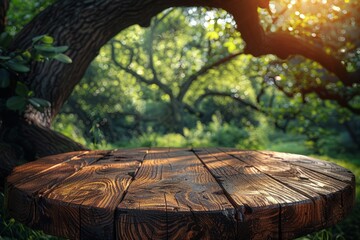 A plain wooden table placed amidst a dense forest setting, surrounded by trees and foliage