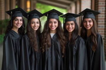 A group of women wearing graduation gowns and mortarboards standing together and posing for a picture