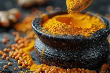 Photo of A spoonful of turmeric powder being poured into the mortar and pestle - obrazy, fototapety, plakaty
