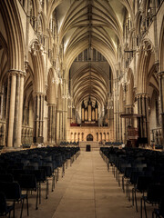 Lincoln Cathedral, Roman Catholic Gothic church and cathedral with stain glass window corridor and...