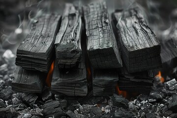 A pile of black wood with a few pieces of charcoal. The wood is rough and has a lot of texture