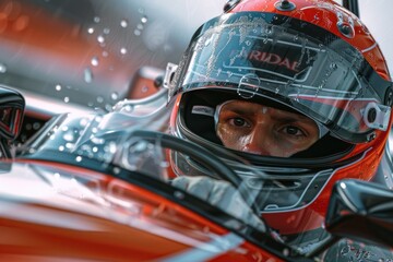 Fototapeta premium The intense focus of a race car driver, captured in hyperrealistic clarity as they navigate a challenging circuit.