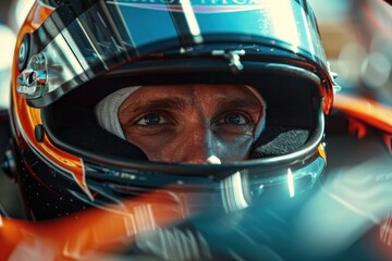 The intense focus of a race car driver, captured in hyperrealistic clarity as they navigate a challenging circuit.