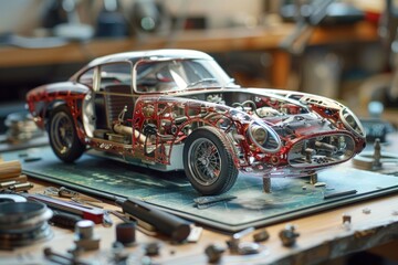 Obraz premium The meticulous assembly of a hyperrealistic model car, each tiny component crafted with unwavering attention to detail.