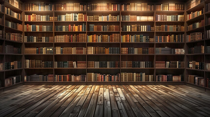 Bookshelves with top lighting in the dark abstract background