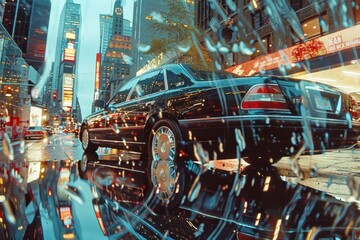 The reflection of a bustling metropolis dancing on the flawless surface of a luxury car, every contour flawlessly replicated.