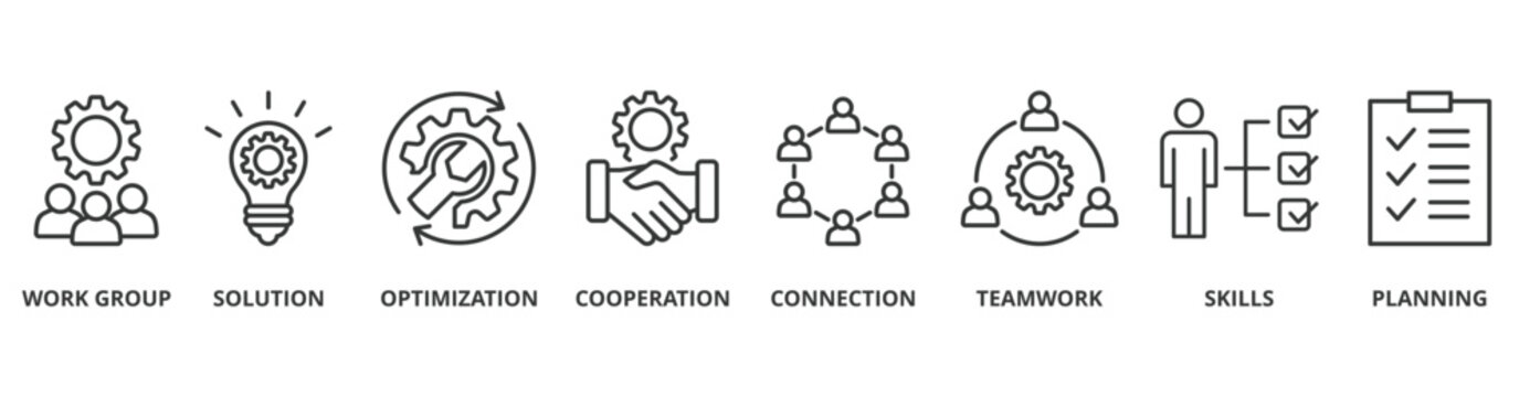 Business teamwork banner web icon vector illustration concept with icon of work group, solution, optimization, cooperation, connection, teamwork, skills, planning