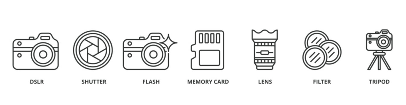 Camera banner web icon vector illustration concept with icon of dslr, shutter, flash, memory card, lens, filter, tripod
