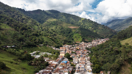 Salgar, Antioquia - Colombia. December 26, 2023. Aerial view with drone of the municipality located...