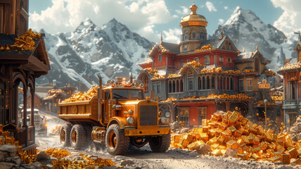 Trucks dumped lots of gold bars and gold sand next to the gold house,generative ai