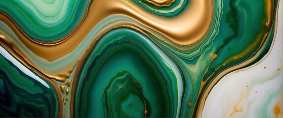 green Natural luxury abstract fluid art painting in alcohol ink technique. Tender and dreamy wallpaper. Mixture of colors creating transparent waves and golden swirls. For posters, other printed mater