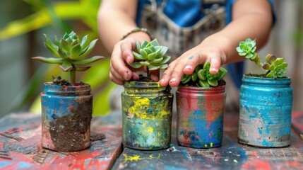 Young gardener taking care of house plants in old reused jars over wooden table - obrazy, fototapety, plakaty