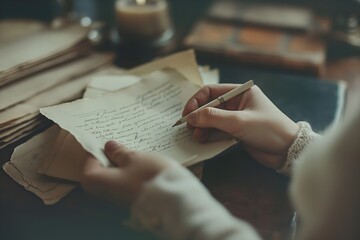 Close-up of a hand writing on antique paper with a fountain pen - obrazy, fototapety, plakaty