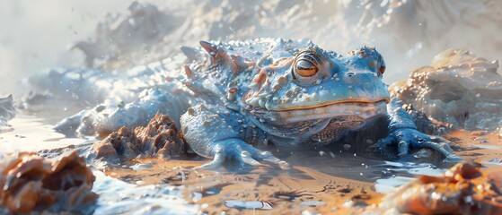An armored amphibian navigates a thermal vents rocky bottom its scales shielding it from scalding waters. Concept Marine Life, Thermal Vents, Armored Amphibian, Underwater Exploration - obrazy, fototapety, plakaty