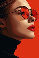 A woman with red lips, red glasses and a turtleneck sweater