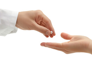 a doctor's hand giving a pill to a patient, isolated on transparent or white background