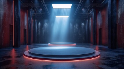 A large, empty room with a red wall and a blue floor. The floor is illuminated by a light shining from above