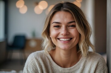 Young attractive woman smiling with happiness while looking at camera in the living room at home.
