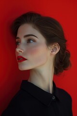 A woman with red lipstick and a black shirt is standing in front of a red wall. Concept of confidence and boldness, as the woman's red lipstick and the red background create a striking contrast