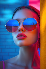 A woman wearing sunglasses with a red lip is standing in front of a blue brick wall. The sunglasses are blue and reflect the light, creating a cool and stylish look