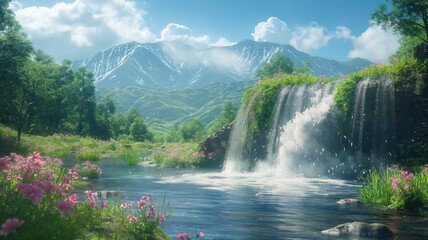 A beautiful waterfall surrounded by a lush green forest. The water is crystal clear and the flowers are in full bloom. The scene is serene and peaceful