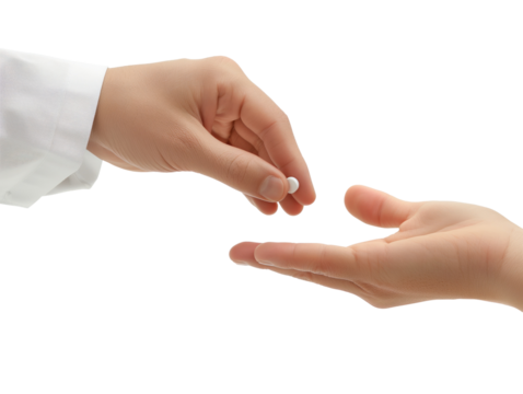 a doctor's hand giving a pill to a patient, isolated on transparent or white background