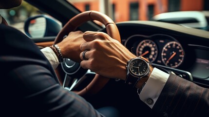 top view of man's watch in black suit keeping hand on the steering wheel while driving a luxury car. AI generated - obrazy, fototapety, plakaty