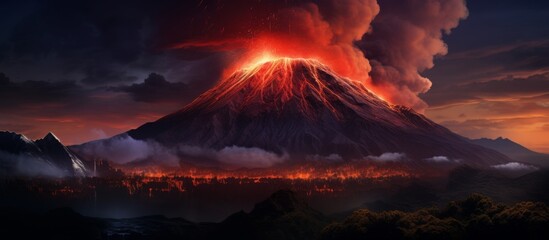 A massive volcano is erupting with fiery molten lava flowing out from its summit