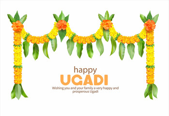 Indian floral garland (toran) with zendu flowers (marigold) and mango leaves isolated on white. Decoration for many festivals – Ugadi, Gudi Padwa, Pongal, Onam. Vector illustration.