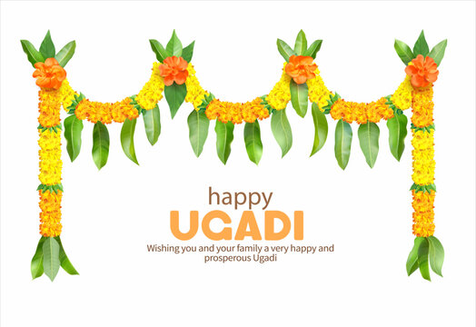 Indian floral garland (toran) with zendu flowers (marigold) and mango leaves isolated on white. Decoration for many festivals &ndash; Ugadi, Gudi Padwa, Pongal, Onam. Vector illustration.