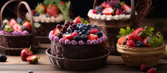 An assortment of various colorful fresh fruits displayed in several baskets on top of a wooden table