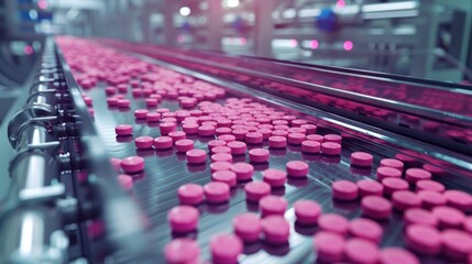 Obraz premium Close-up of pink tablets on the conveyor belt in a pharmaceutical production facility.