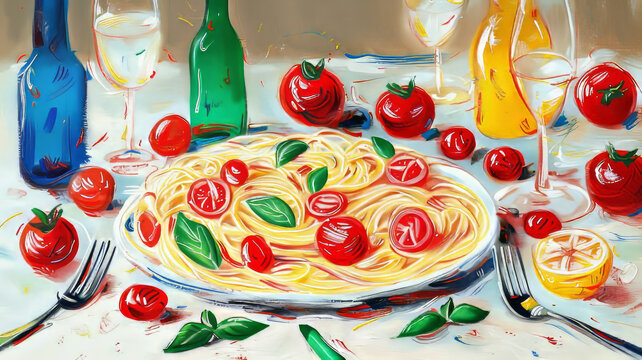 plate of pasta hand drawn plain background.generative ai