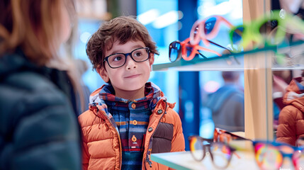 Boy in a winter jacket trying on new glasses, looking at parent for approval.