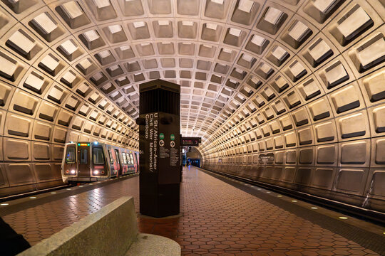 Washington DC - US - Mar 23, 2024 Interior view of a metro coming into U Street station. A rapid transit station on the Green Line of the Washington Metro in the U Street neighborhood.