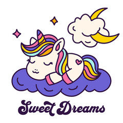 Cute Cartoon Unicorn Card Poster Isolated On A White Unicorn with moon and cloud Rainbow Kids Animal Vector Sweet Dreams