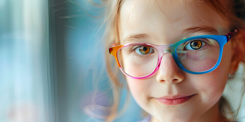 Young girl wearing vibrant glasses, close-up with a subtle smile, light-filled ambiance.