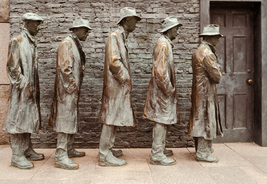 Washington DC - US - Mar 22, 2024 A sculpture depicting people waiting in a bread line from the Great Depression, a part of the Franklin Delano Roosevelt Memorial, located on the Tidal Basin.