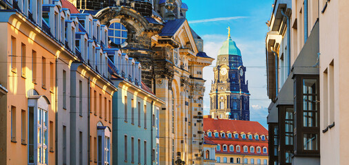 Cityscape, banner - view of the old street of Dresden against the backdrop of the Dresden Town Hall...