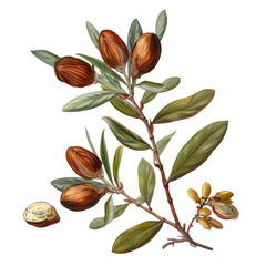 A close up of a plant with nuts and leaves on a Transparent Background